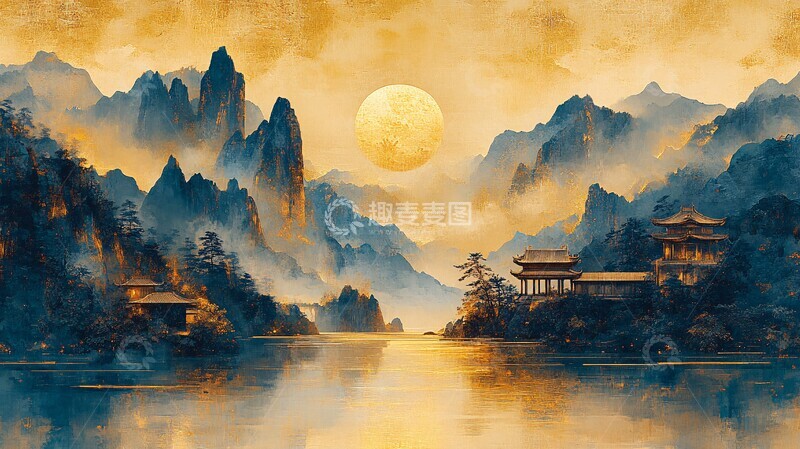 高清大图下载【趣麦麦图】金色山水绣绿松石镀金流水