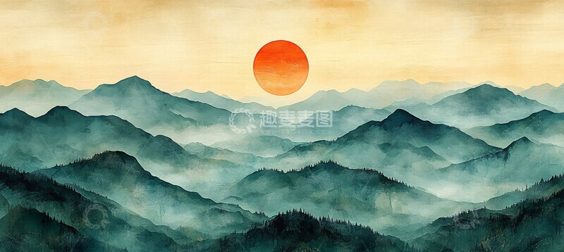 高清大图下载【趣麦麦图】山峦日落水彩画2