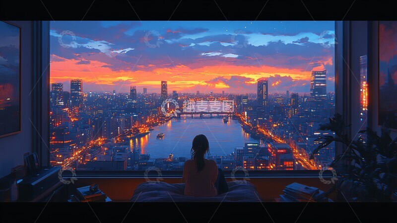 高清大图下载【趣麦麦图】屋顶房间女子夜坐1