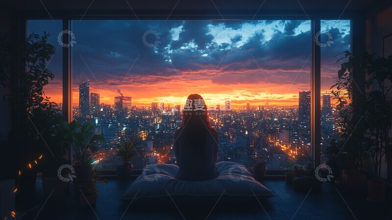 高清大图下载【趣麦麦图】屋顶房间女子夜坐2