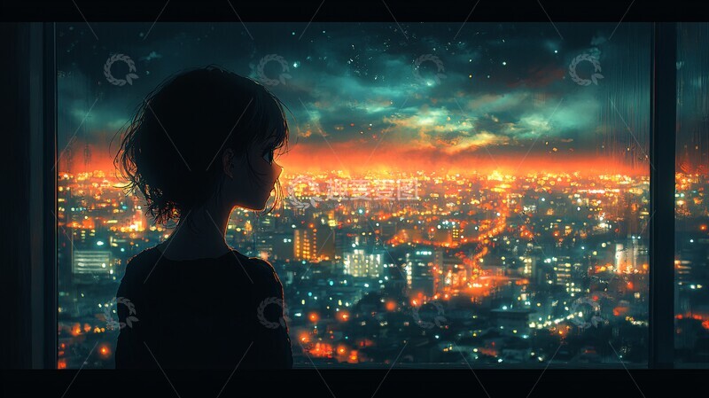 高清大图下载【趣麦麦图】女孩凝望夜空1