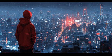 男子眺望未来都市