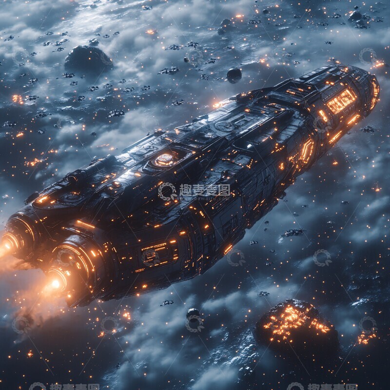 高清大图下载【趣麦麦图】货运飞船穿越陨石带
