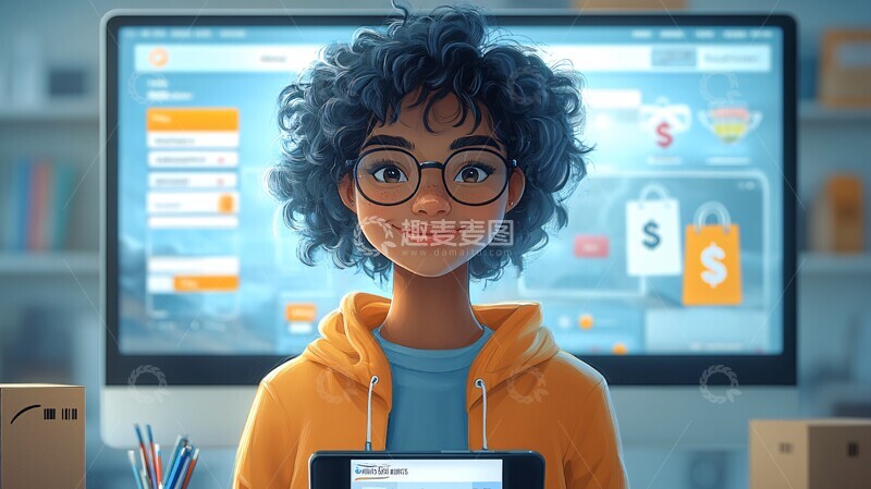 高清大图下载【趣麦麦图】博主电脑前展示收益