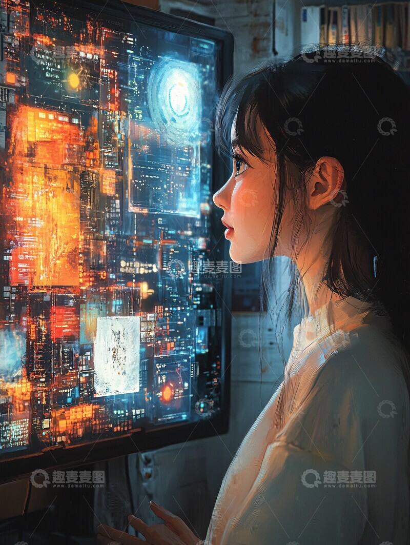 高清大图下载【趣麦麦图】女孩与屏幕对话