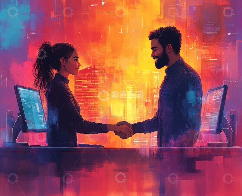 高清大图下载【趣麦麦图】办公桌前握手交流