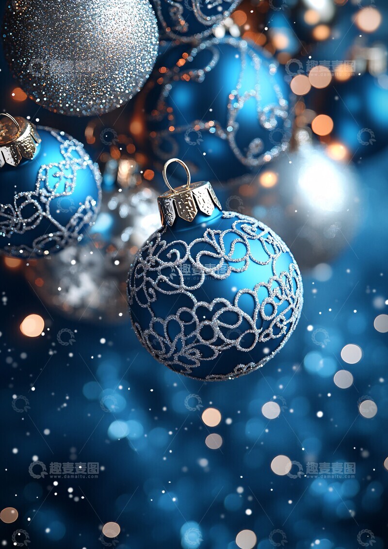高清大图下载【趣麦麦图】-银蓝圣诞挂饰背景1