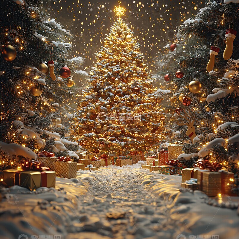 高清大图下载【趣麦麦图】圣诞树礼物铝板画1