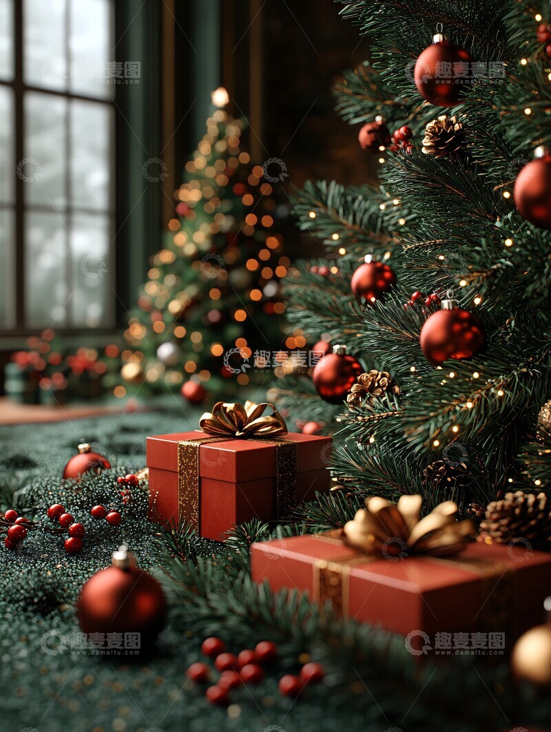 高清大图下载【趣麦麦图】圣诞树礼物盒背景1