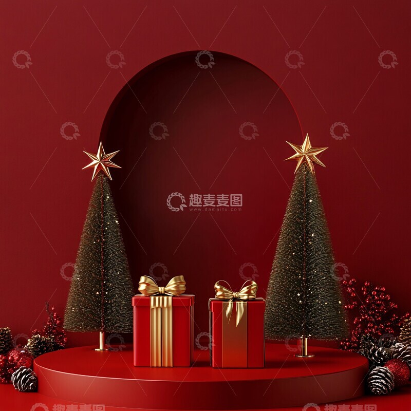 高清大图下载【趣麦麦图】红背景圣诞树礼物