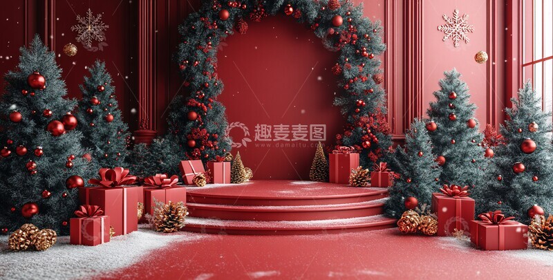高清大图下载【趣麦麦图】红色背景圣诞布置
