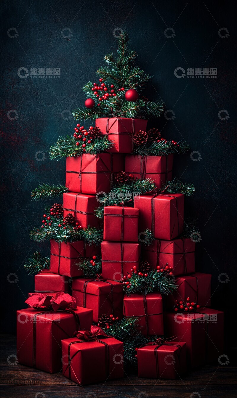 高清大图下载【趣麦麦图】红色礼盒圣诞树2