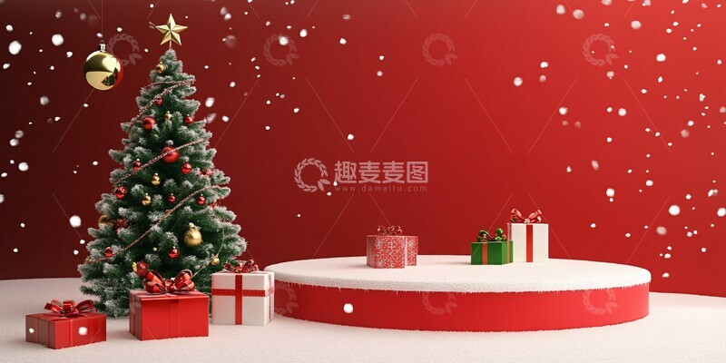 高清大图下载【趣麦麦图】红背景雪景圣诞树