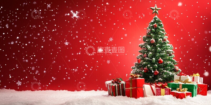 高清大图下载【趣麦麦图】红背景雪景圣诞树2
