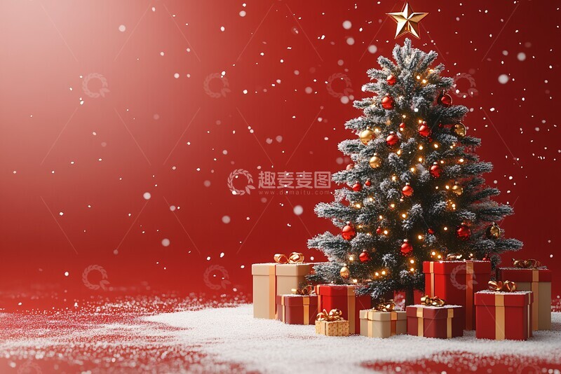 高清大图下载【趣麦麦图】圣诞树礼物红背景