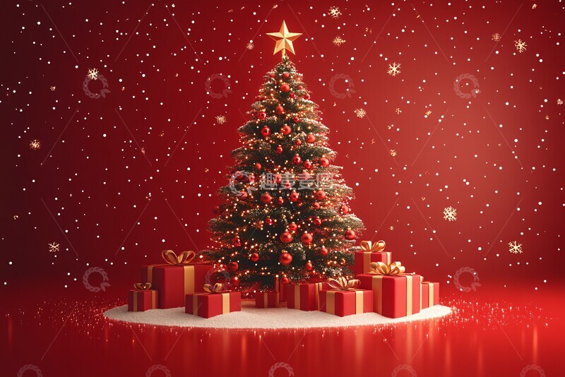 高清大图下载【趣麦麦图】圣诞树礼物红背景2