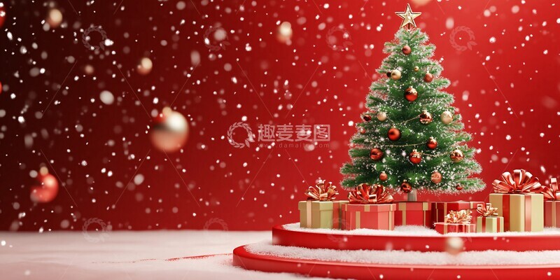 高清大图下载【趣麦麦图】红背景雪景圣诞树1