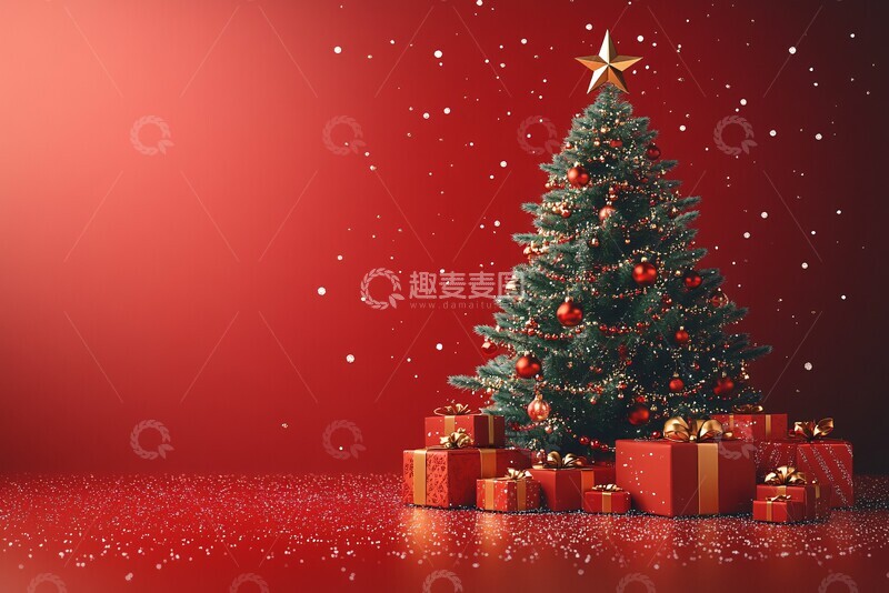 高清大图下载【趣麦麦图】圣诞树礼物红背景1