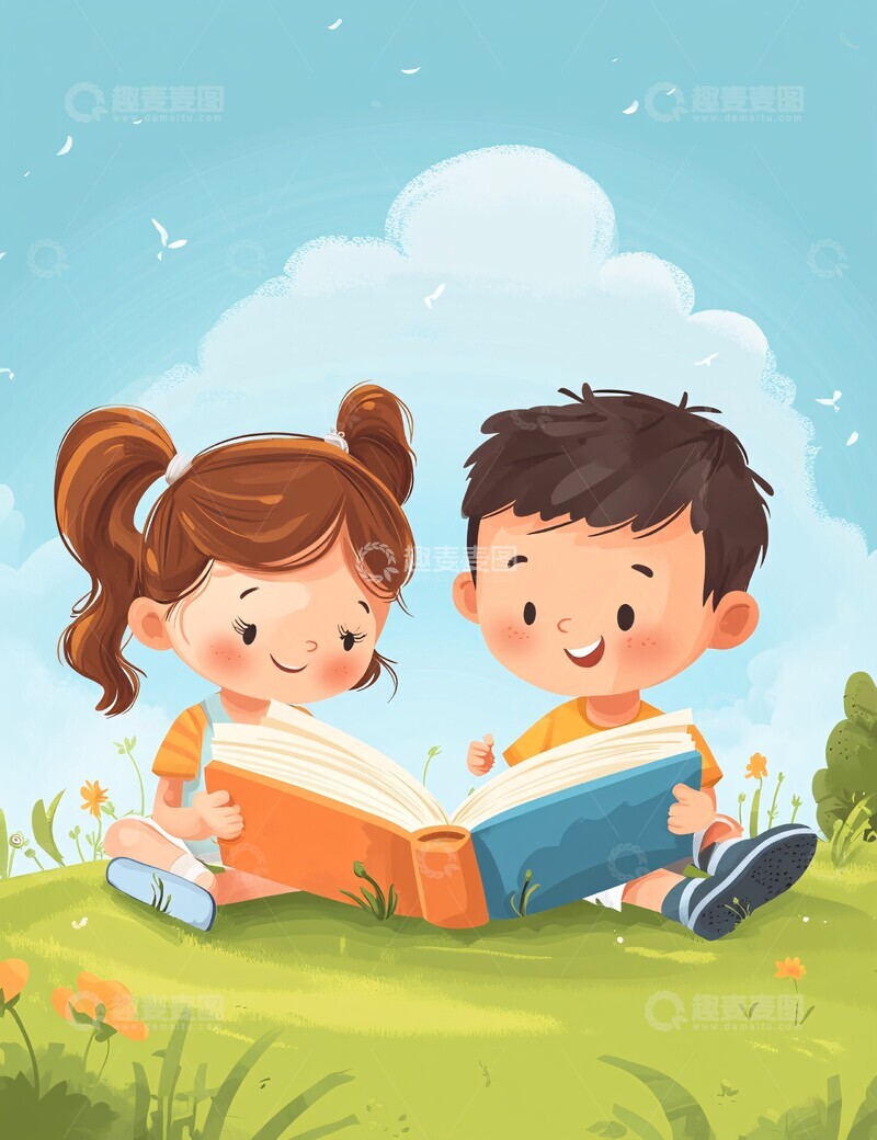 高清大图下载【趣麦麦图】女孩男孩草地读书3