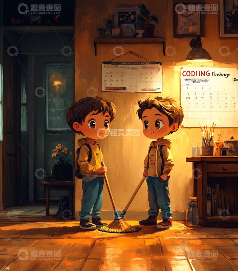 高清大图下载【趣麦麦图】打扫房间的小兄弟1