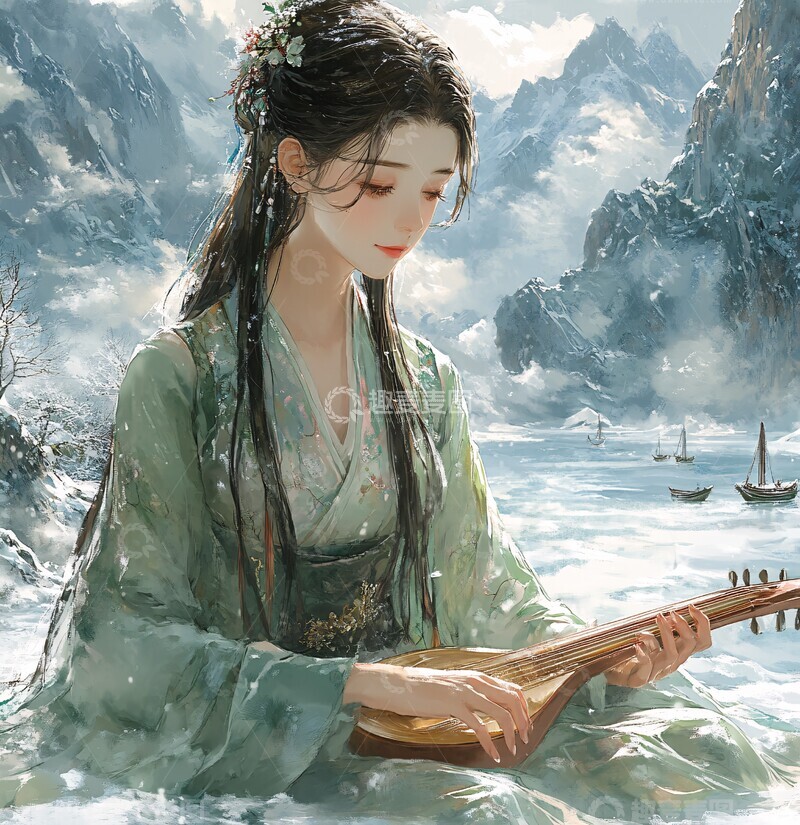 高清大图下载【趣麦麦图】女孩冰上弹古琴1