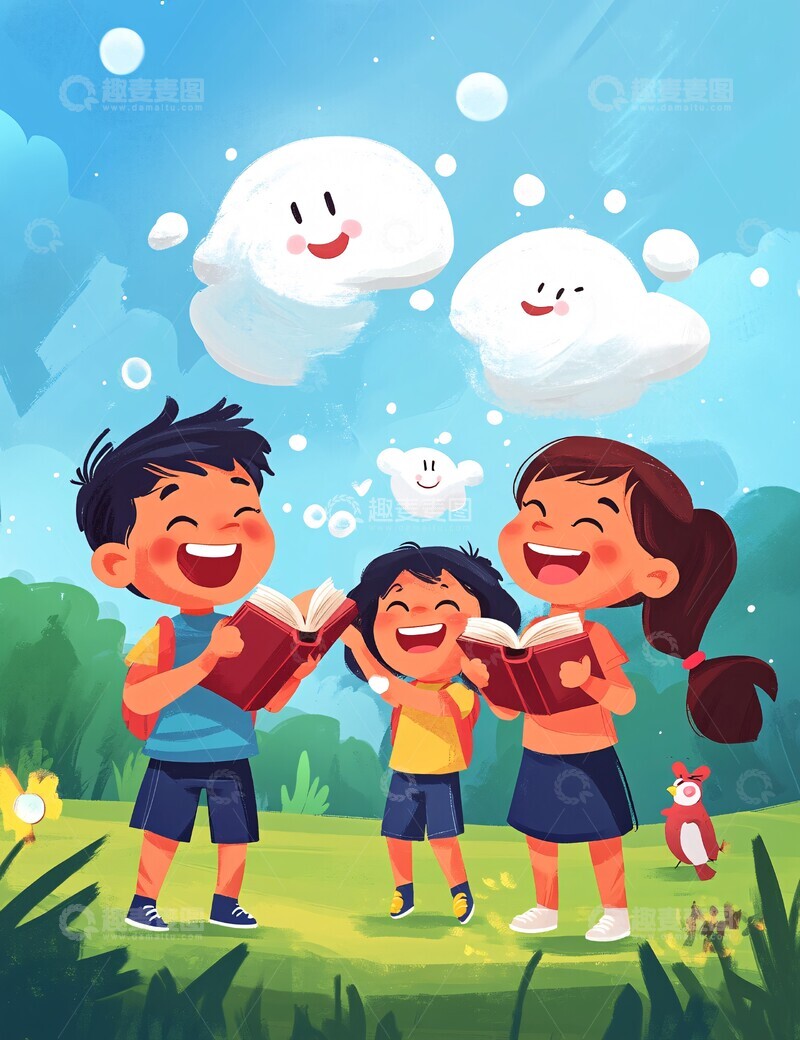 高清大图下载【趣麦麦图】孩子们公园玩耍读书2