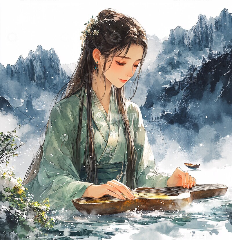 高清大图下载【趣麦麦图】女孩冰上弹古琴2