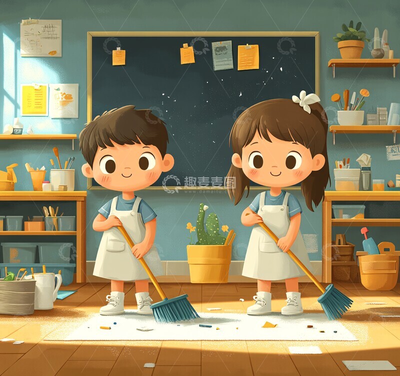 高清大图下载【趣麦麦图】男孩女孩扫地1