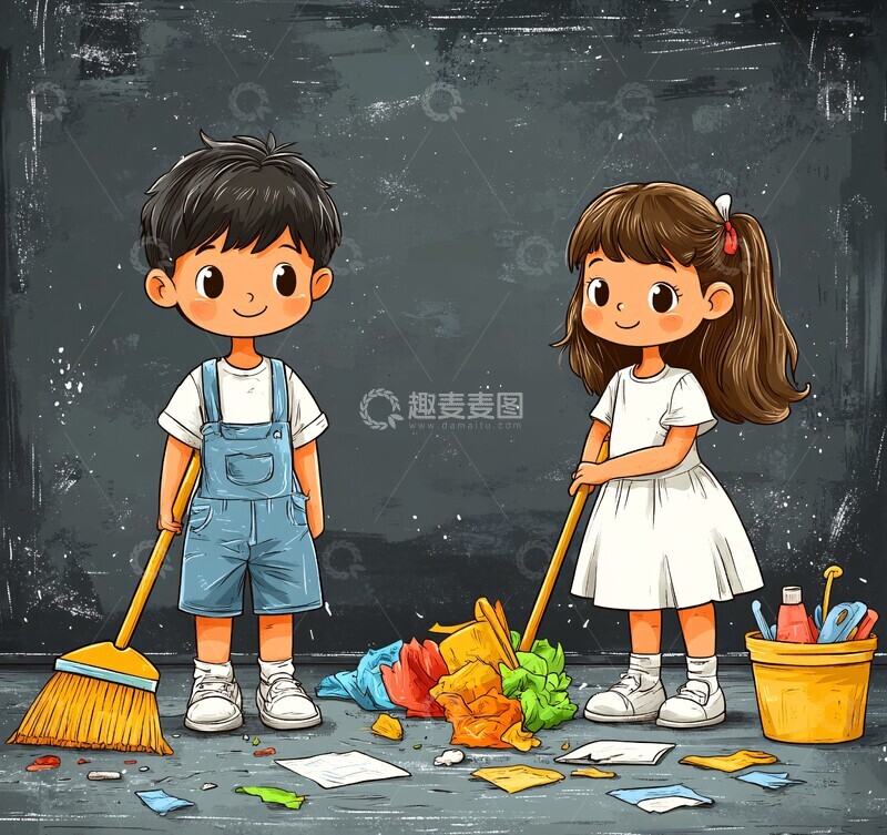 高清大图下载【趣麦麦图】男孩女孩扫地3