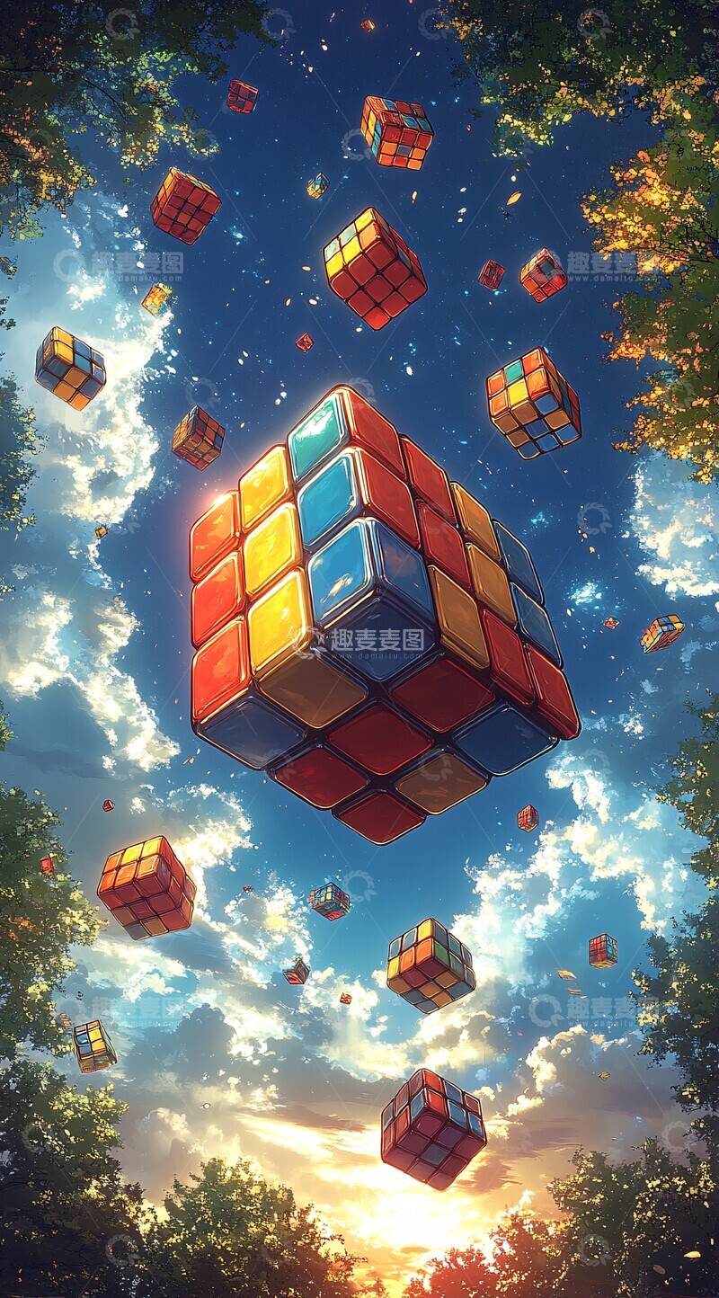 高清大图下载【趣麦麦图】魔方天空漂浮1