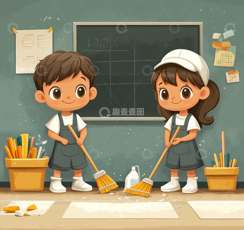高清大图下载【趣麦麦图】男孩女孩扫地2