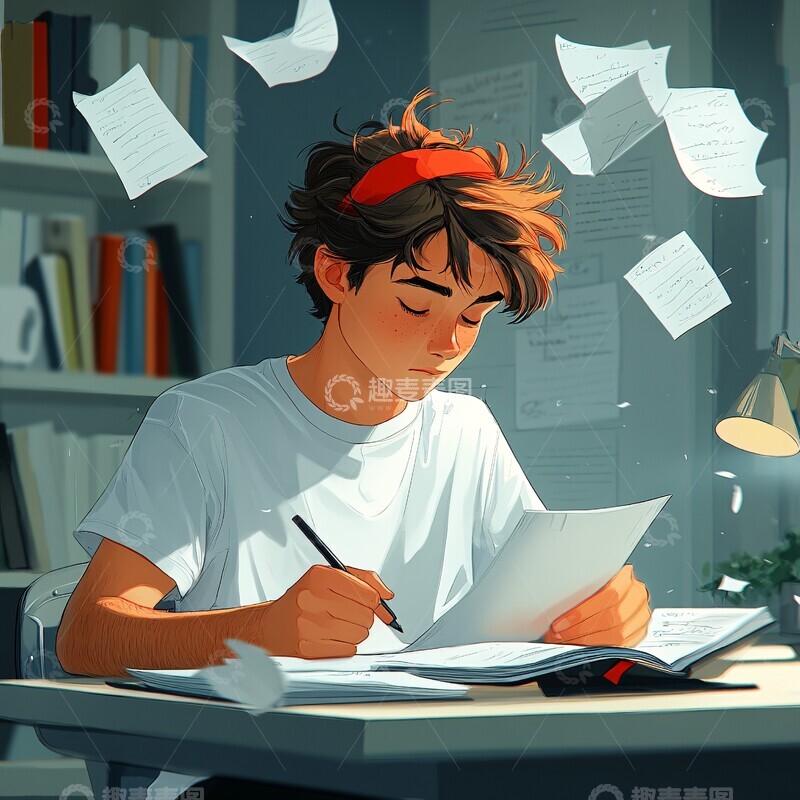 高清大图下载【趣麦麦图】男孩写作业男孩作业头发1