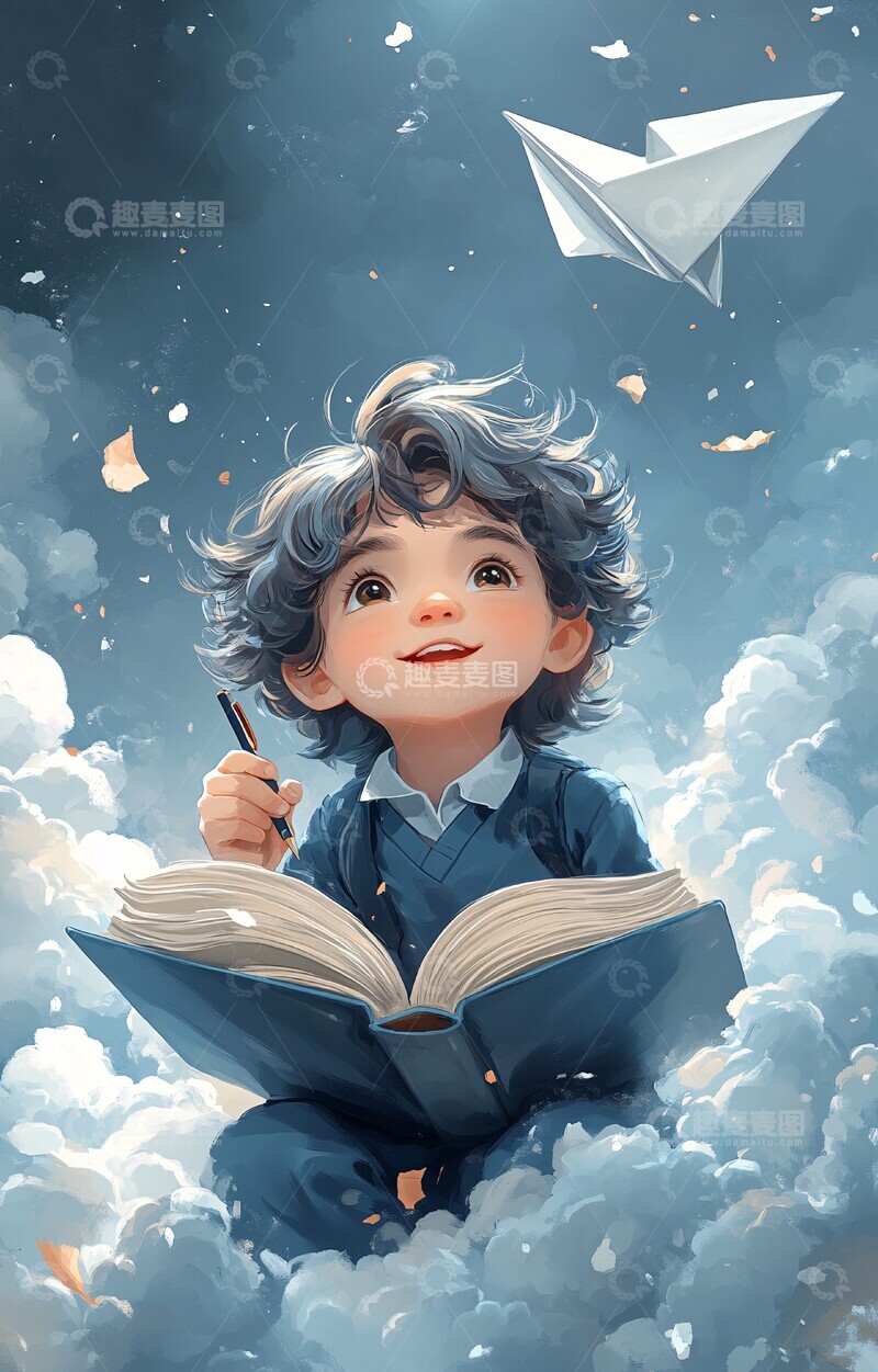 高清大图下载【趣麦麦图】男孩书上飞行写字3
