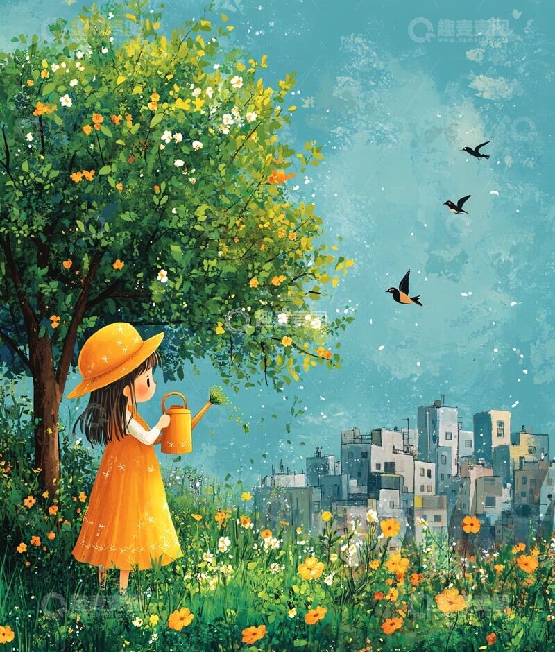 高清大图下载【趣麦麦图】女孩浇水树背景2
