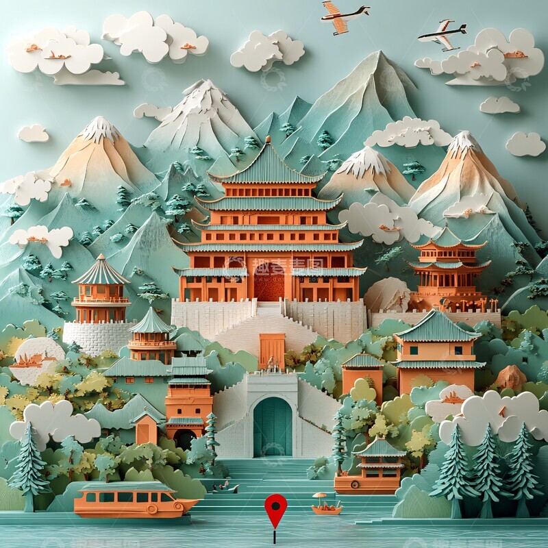 高清大图下载【趣麦麦图】旅行插图纸艺剪影1