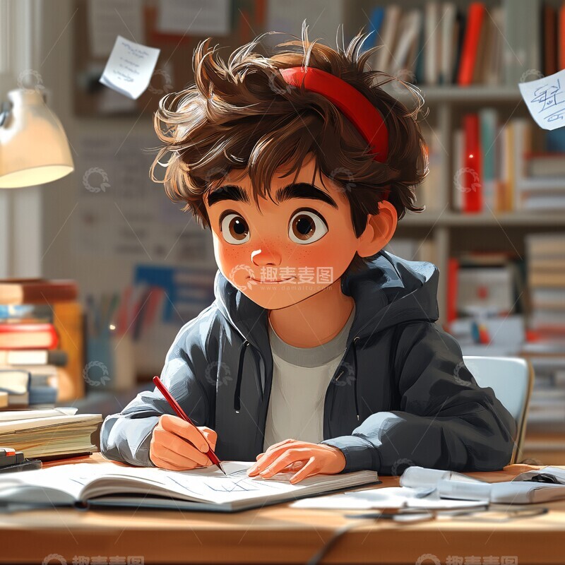高清大图下载【趣麦麦图】男孩写作业男孩作业头发2