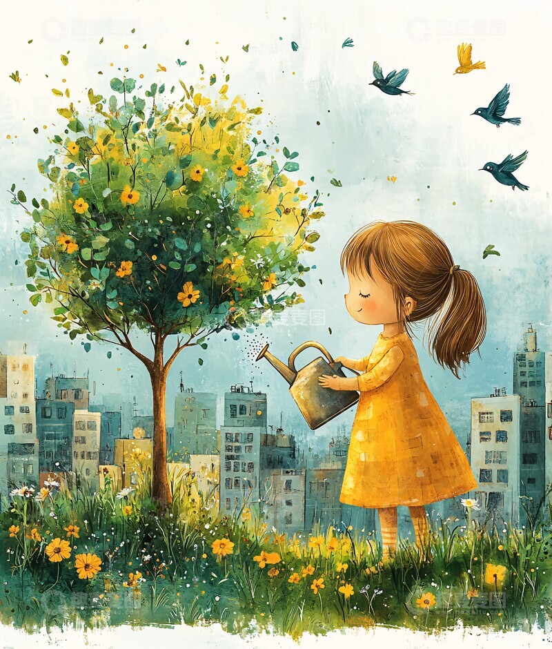 高清大图下载【趣麦麦图】女孩浇水树背景1