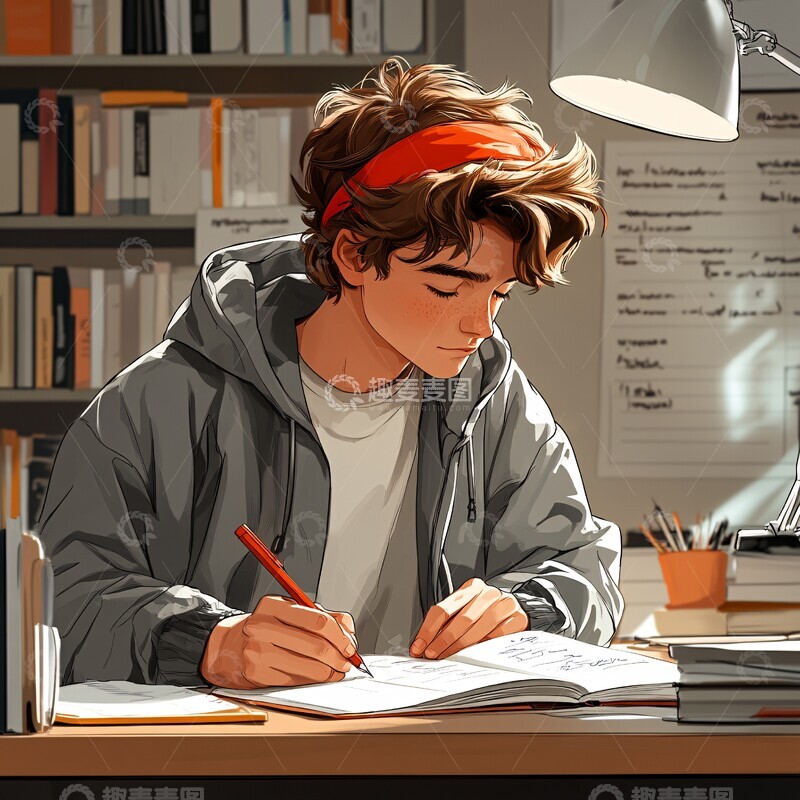 高清大图下载【趣麦麦图】男孩写作业男孩作业头发
