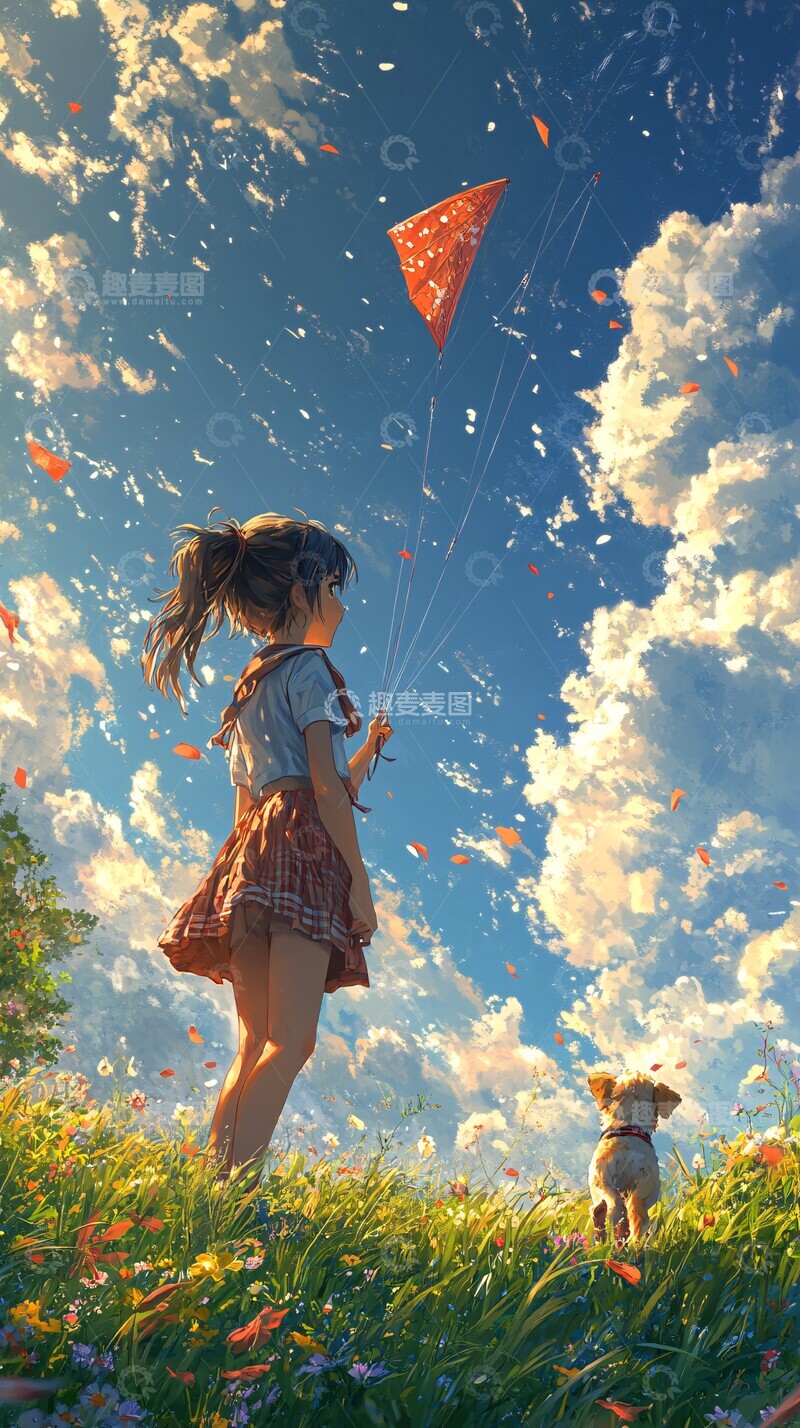高清大图下载【趣麦麦图】女孩放风筝和小狗玩耍3