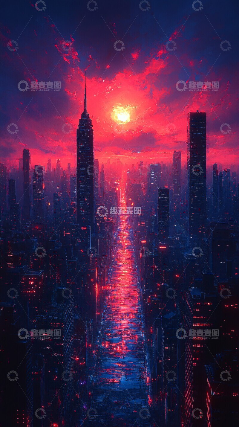 高清大图下载【趣麦麦图】红蓝渐变未来都市1