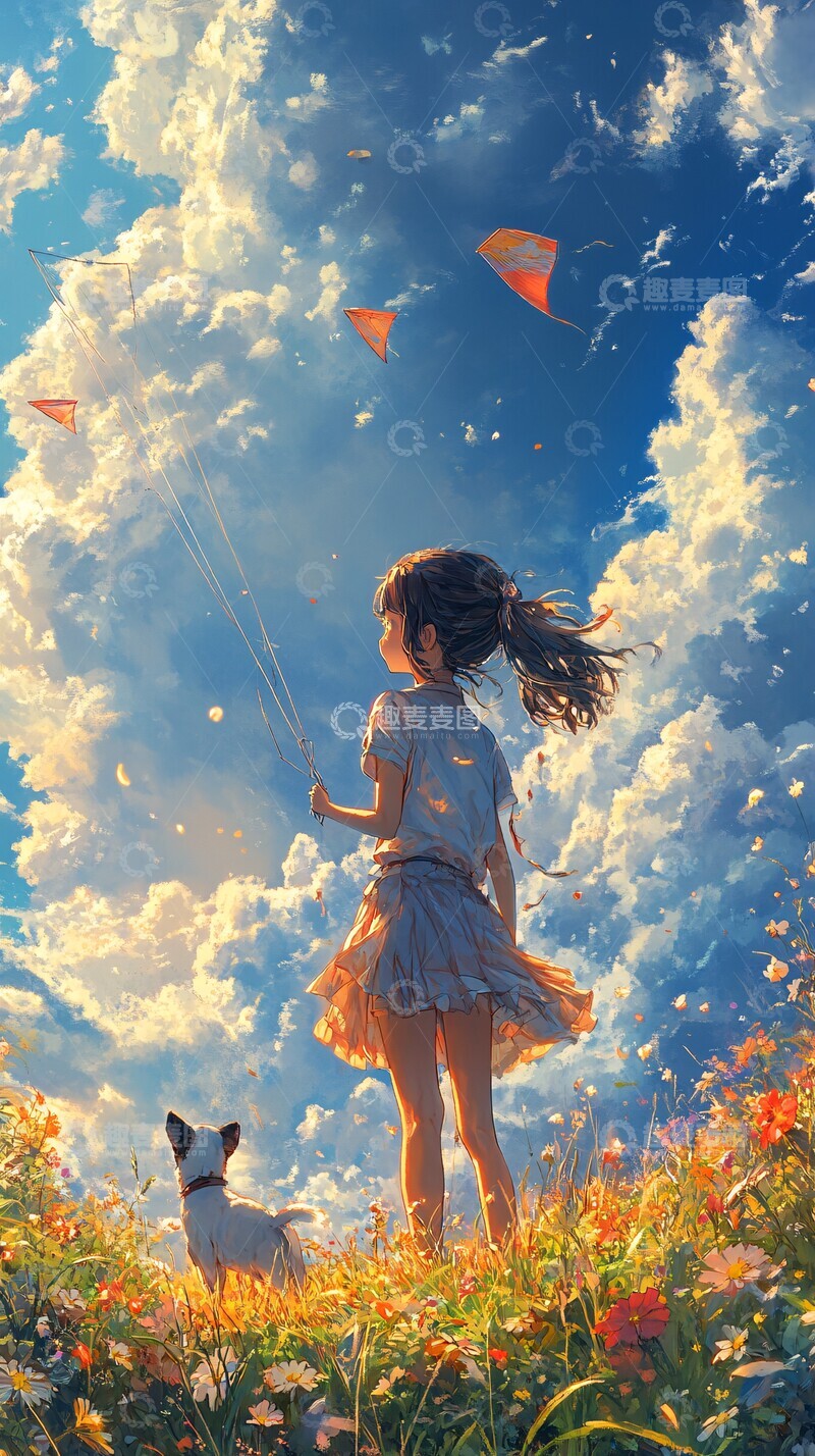 高清大图下载【趣麦麦图】女孩放风筝和小狗玩耍