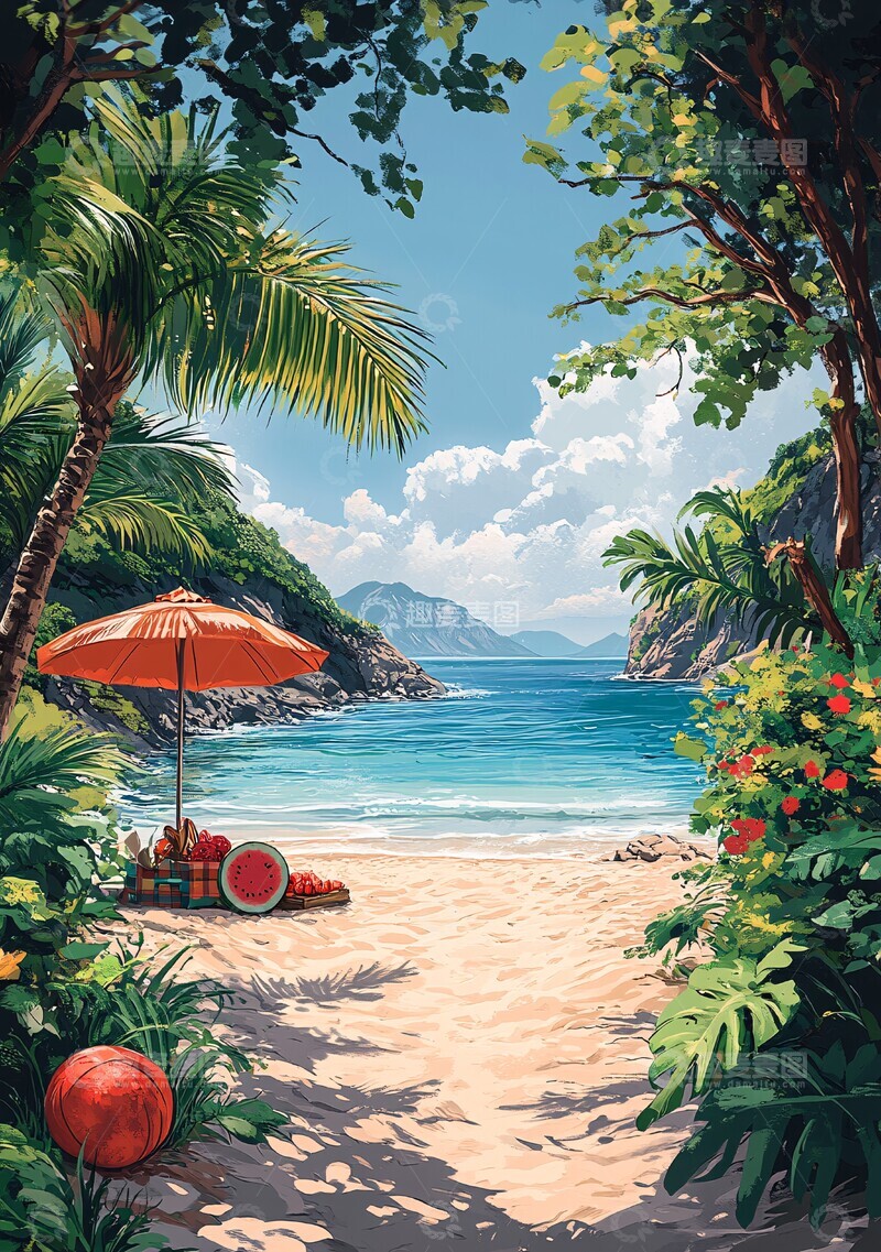 高清大图下载【趣麦麦图】海滩遮阳伞野餐3