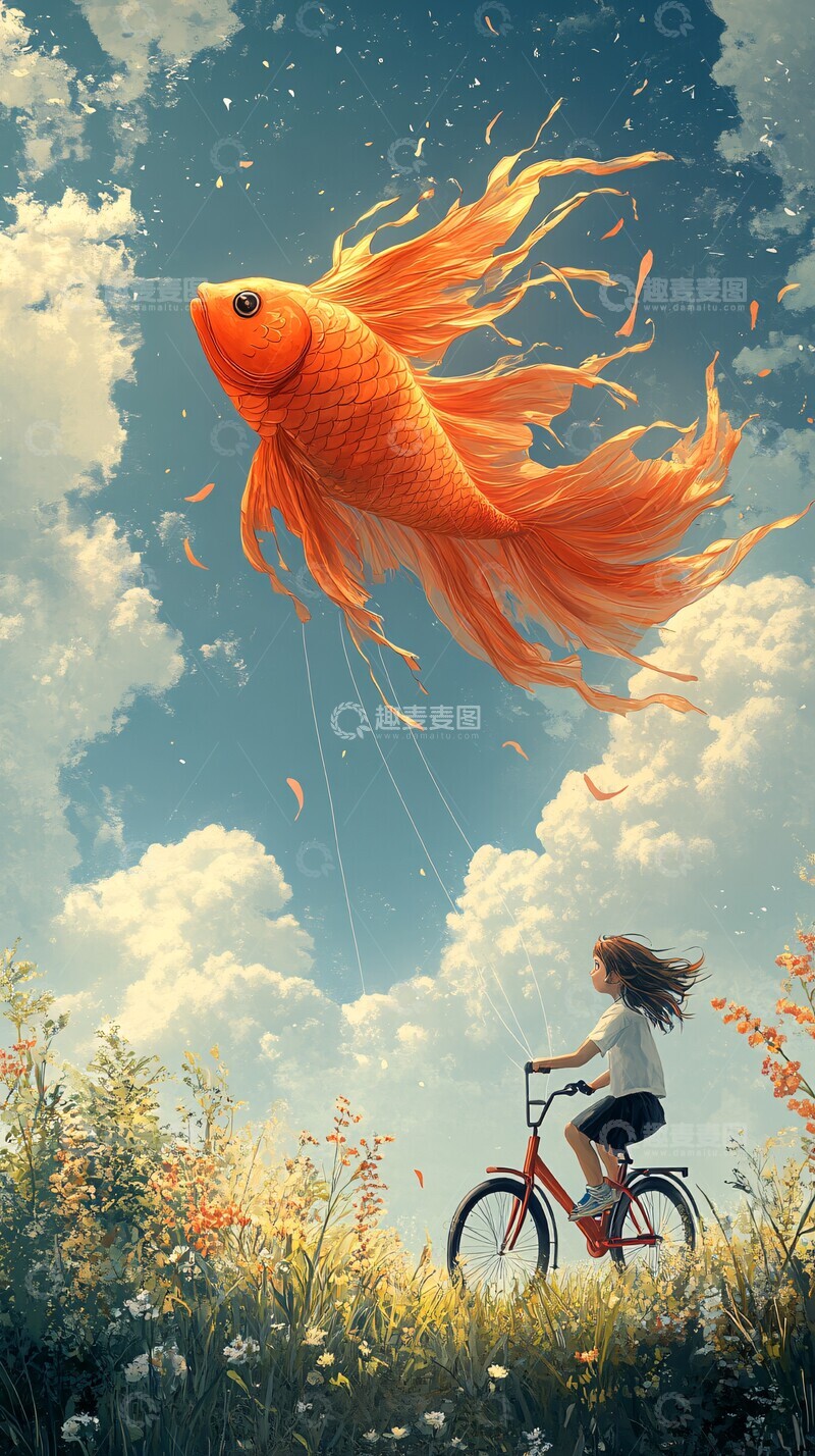 高清大图下载【趣麦麦图】女孩骑车放飞风筝1