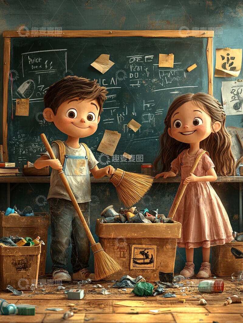 高清大图下载【趣麦麦图】教室清洁三人行3