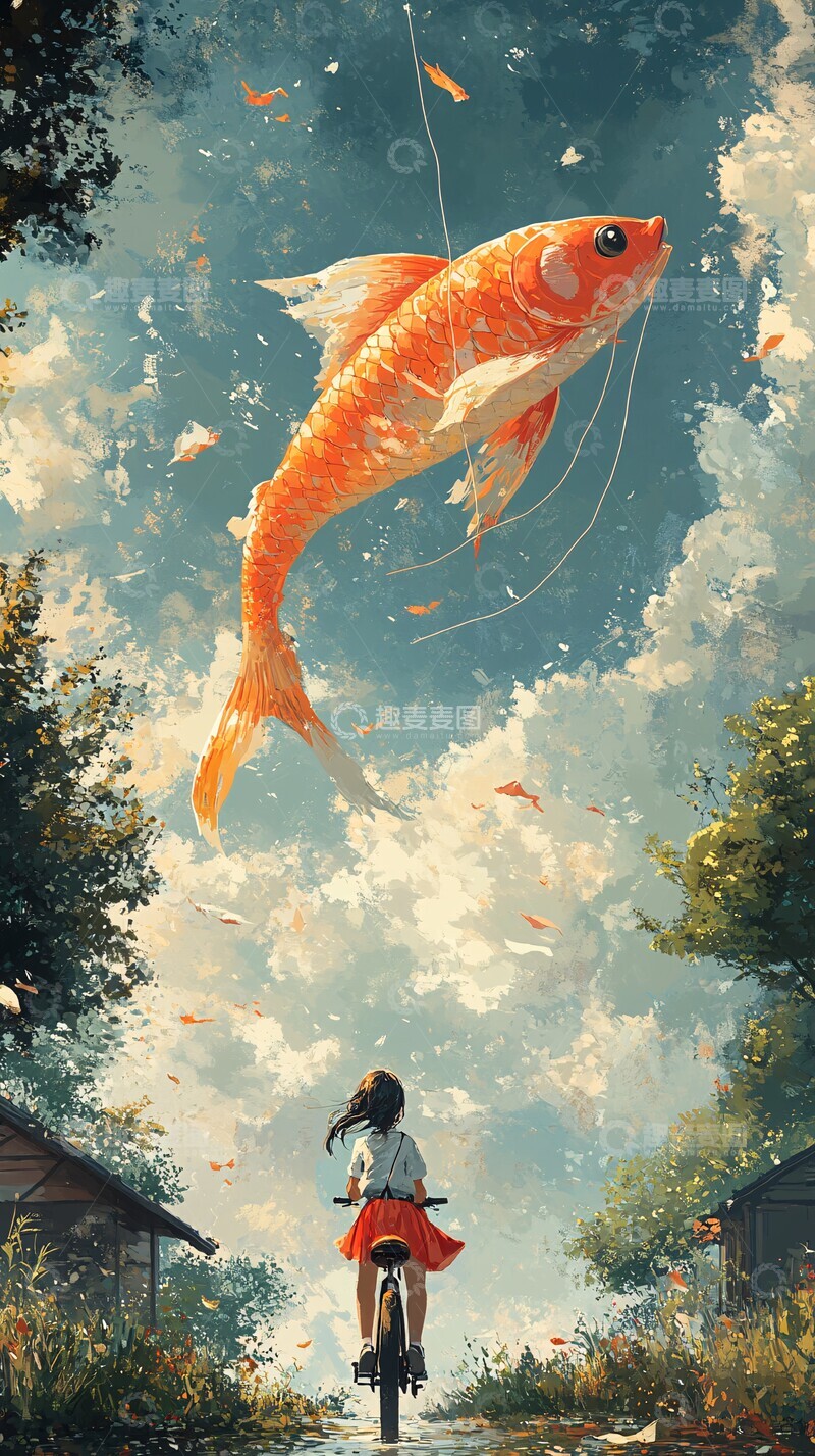 高清大图下载【趣麦麦图】女孩骑车放飞风筝2