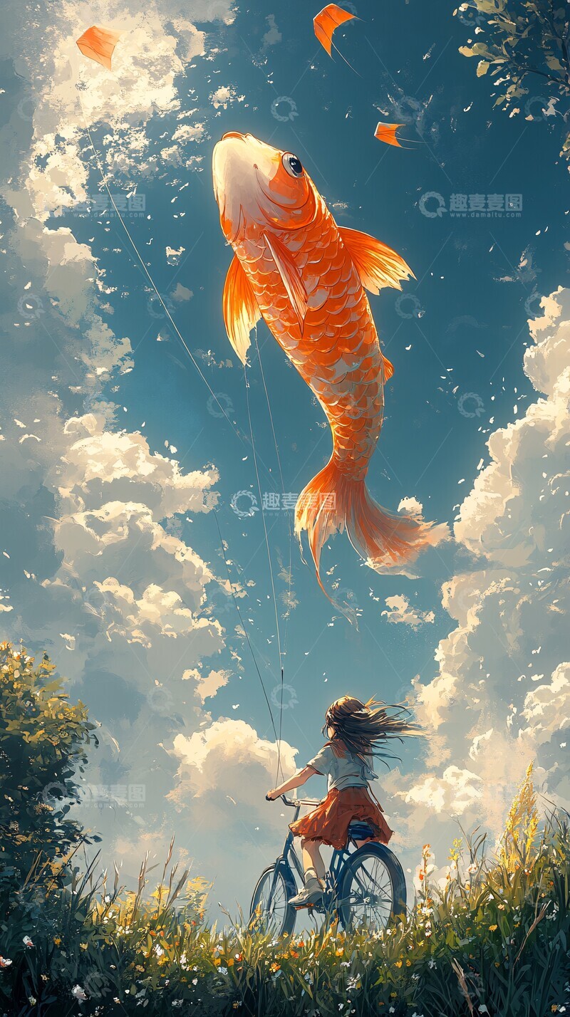 高清大图下载【趣麦麦图】女孩骑车放飞风筝3
