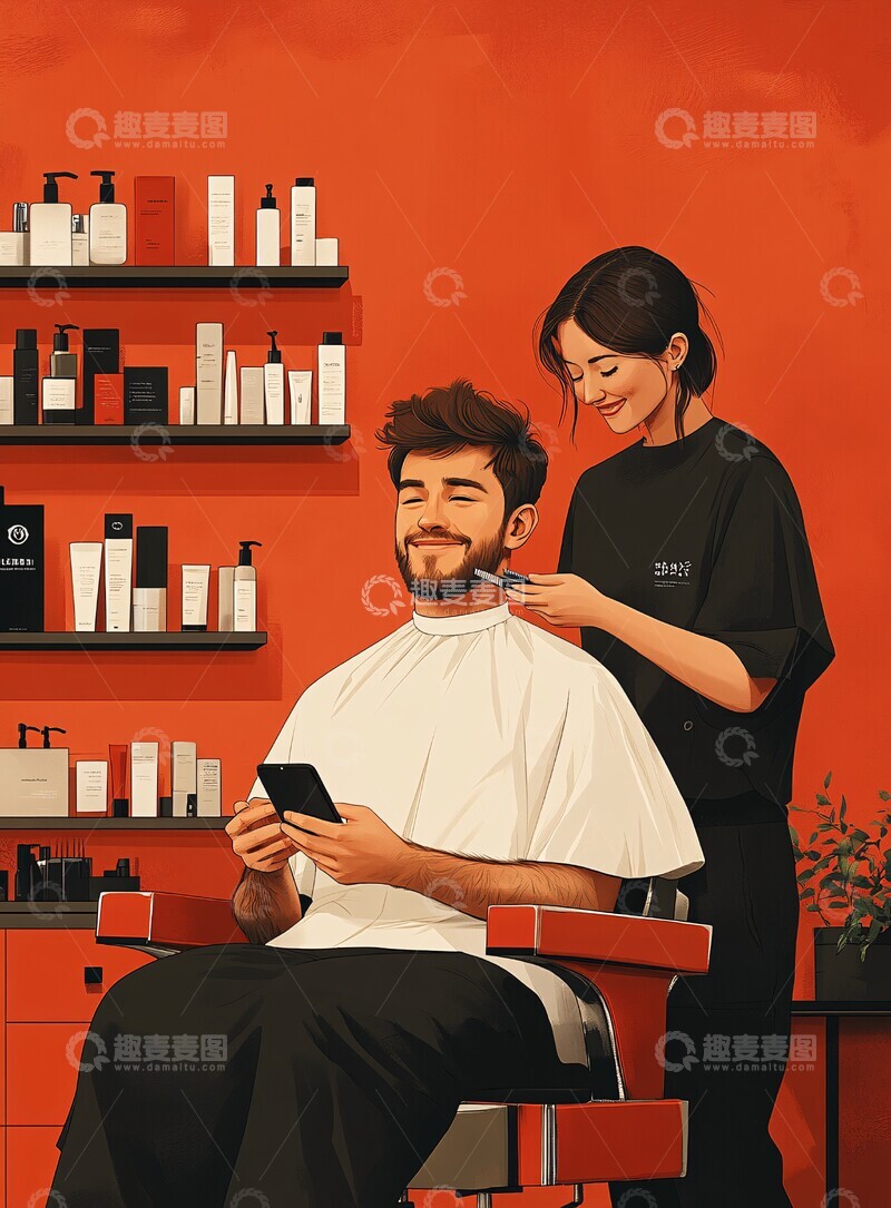 高清大图下载【趣麦麦图】理发手机微笑1