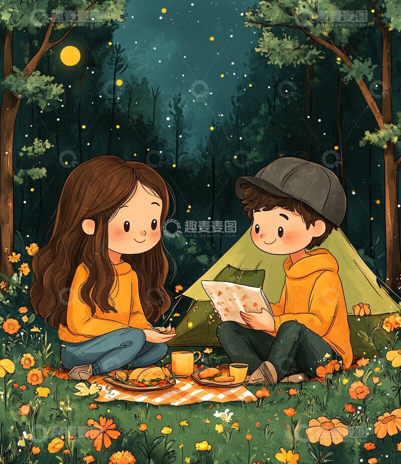 高清大图下载【趣麦麦图】情侣野餐插画1
