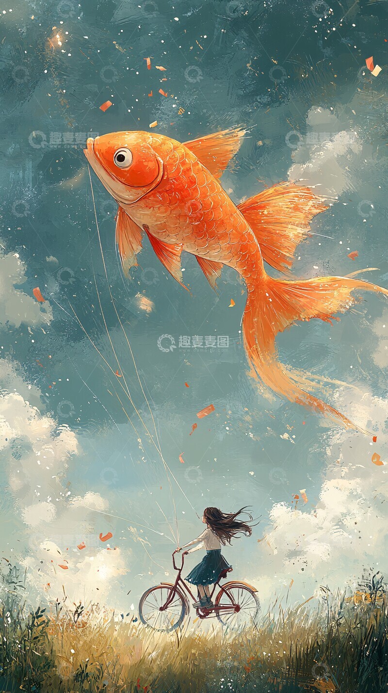 高清大图下载【趣麦麦图】女孩骑车放飞风筝