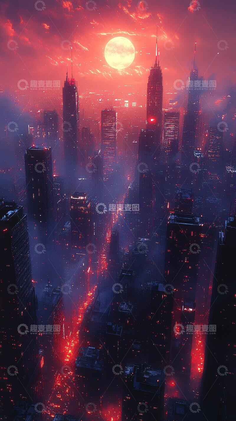 高清大图下载【趣麦麦图】-红蓝渐变未来都市2
